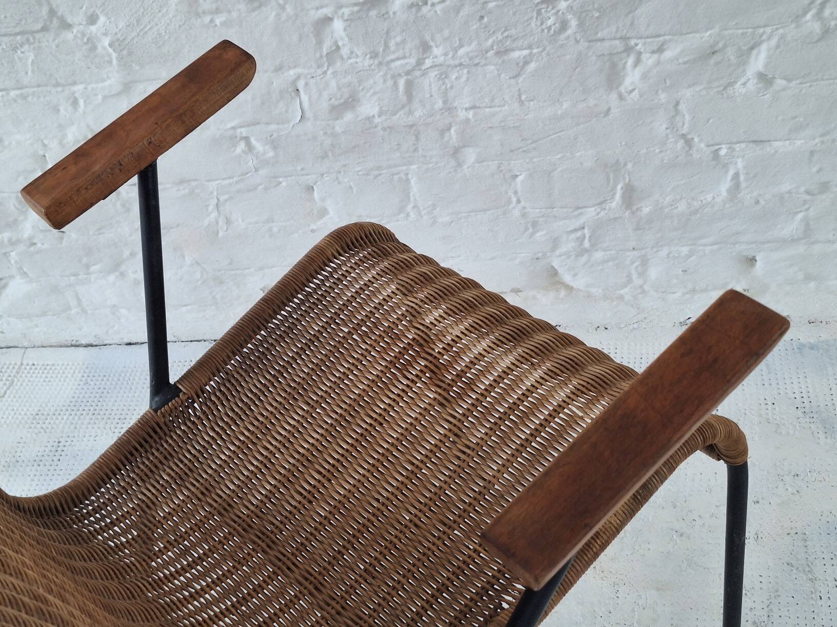 Pair of Swiss stackable rattan and iron dining elbow chairs, G Legler 1960s