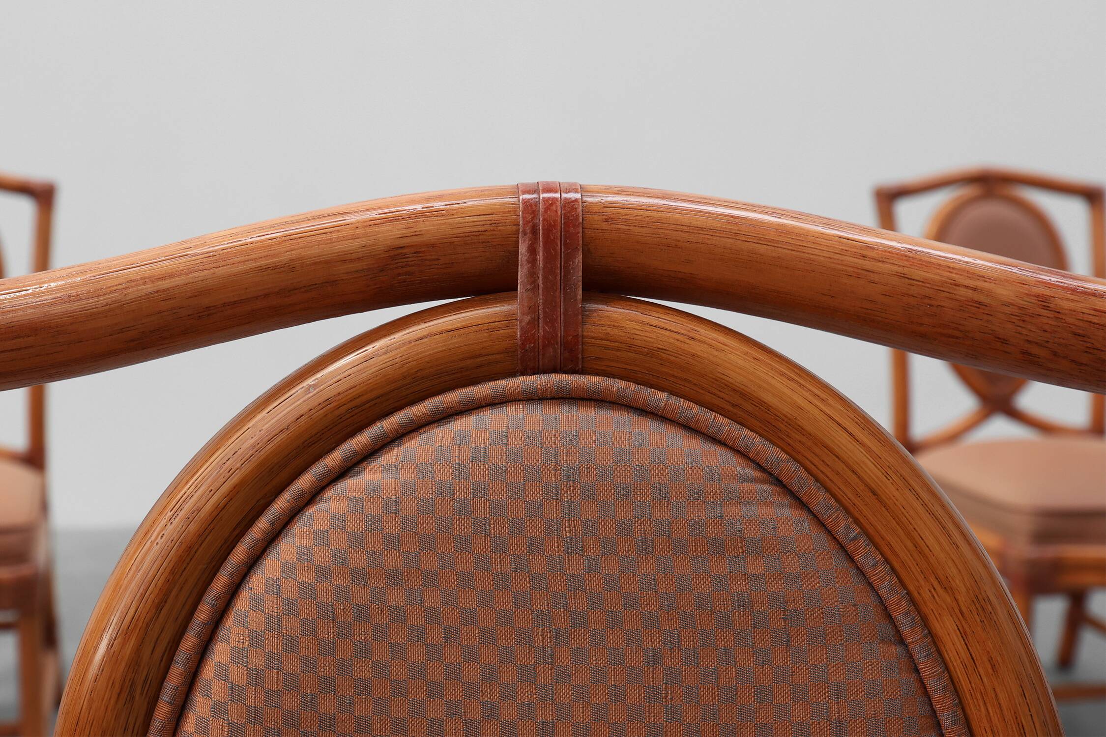 Set of 6 bamboo dining room chairs with geometric upholstery by Gasparucci