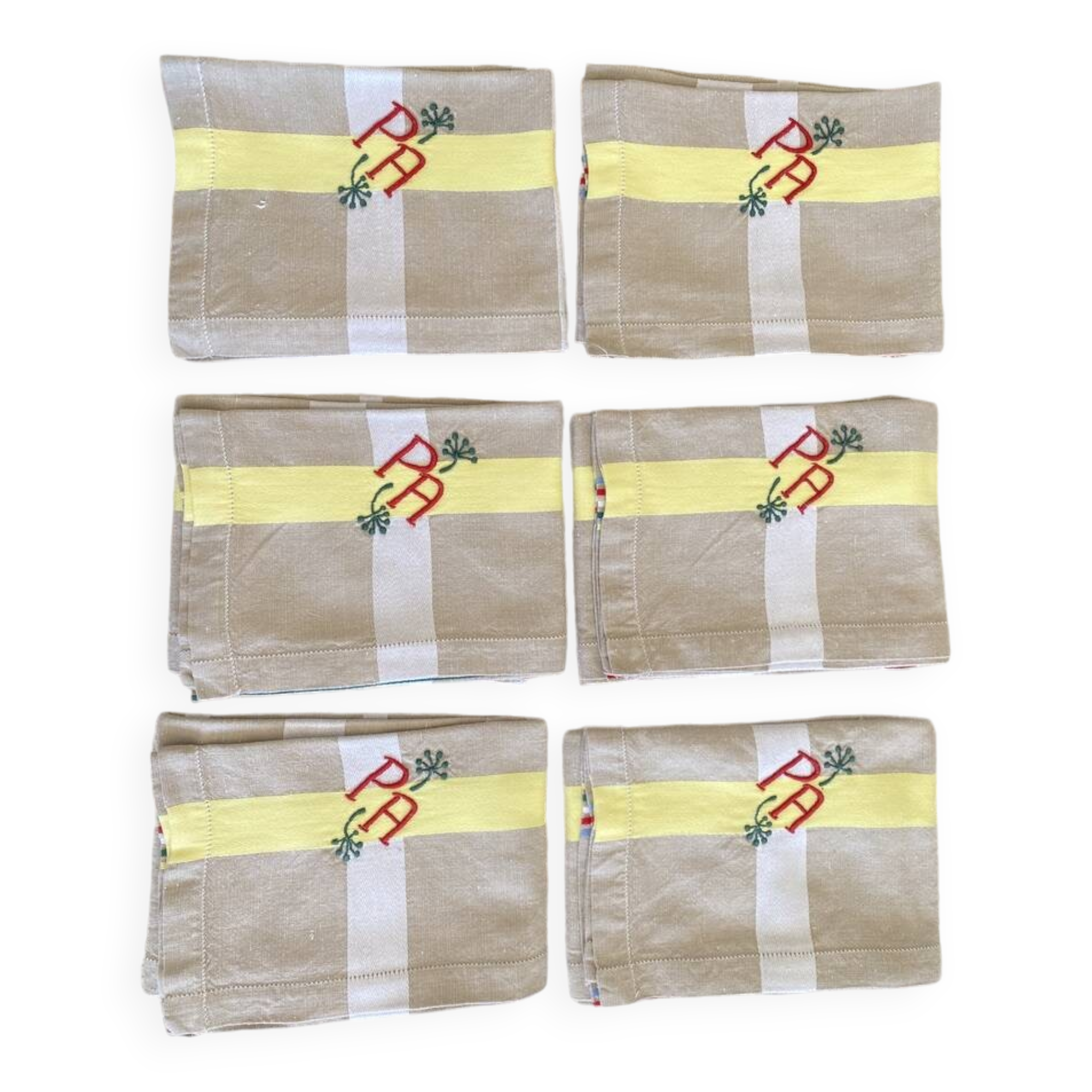 6 Large antique damask monogrammed PA napkins - Métis - 56x57 cm