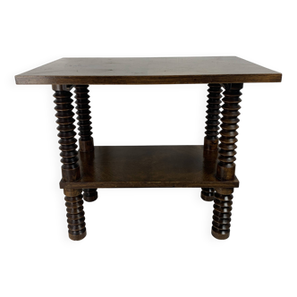 Brutalist wood turned wine press side table in the style of Charles Dudouyt
