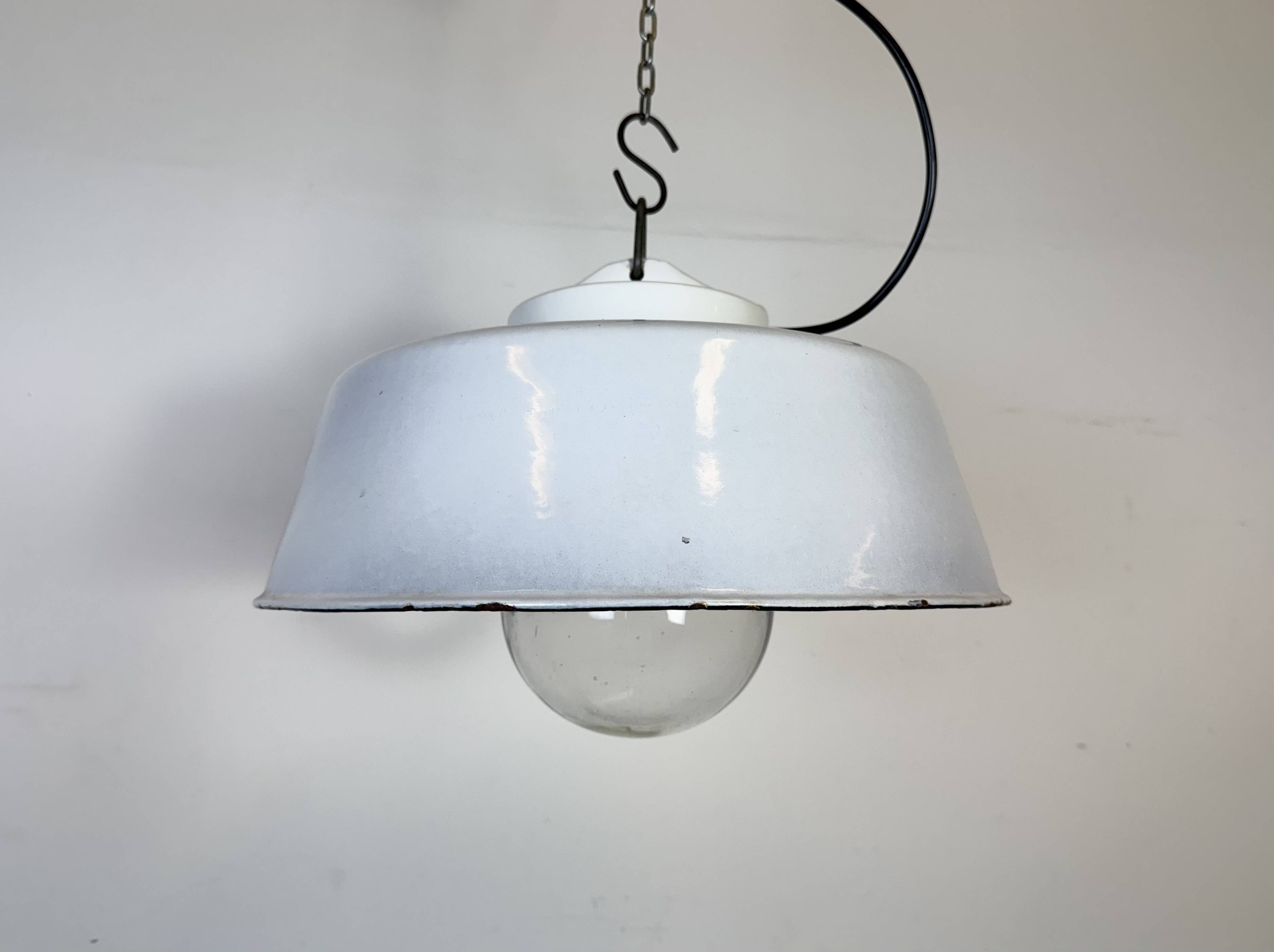 Industrial Grey Enamel Factory Pendant Lamp with Glass Cover, 1960s