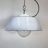 Industrial Grey Enamel Factory Pendant Lamp with Glass Cover, 1960s