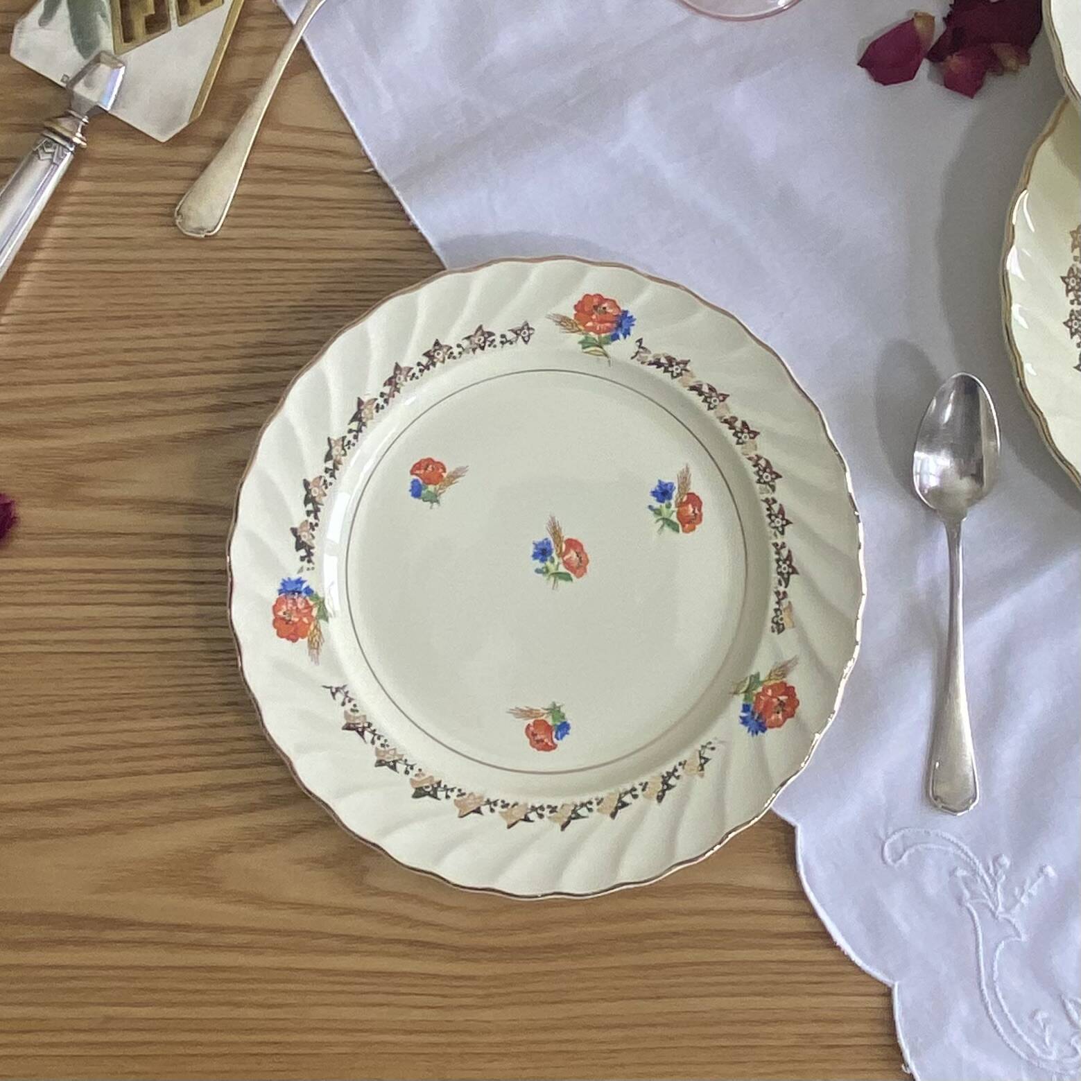 6 pale yellow earthenware dessert plates from Salins with flowers