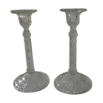 Paire de bougeoirs anciens verre Portieux