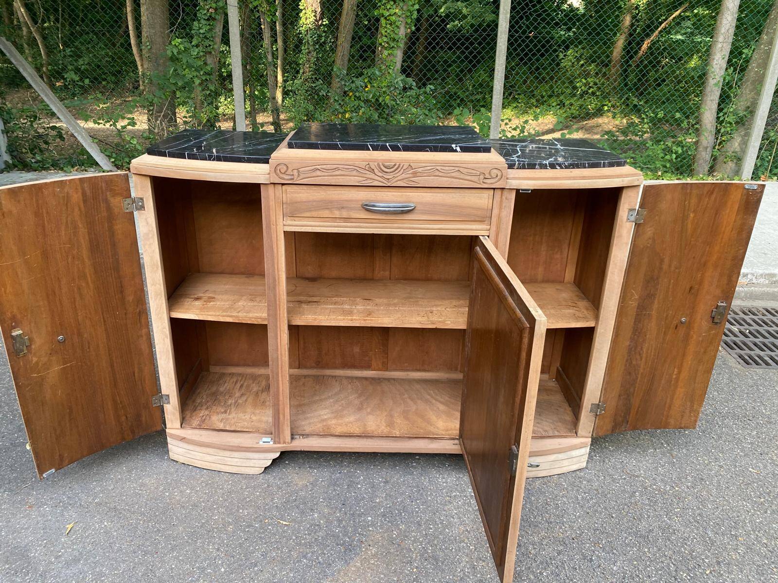 Art Deco sideboard renovated in solid walnut with black marble, 1930.