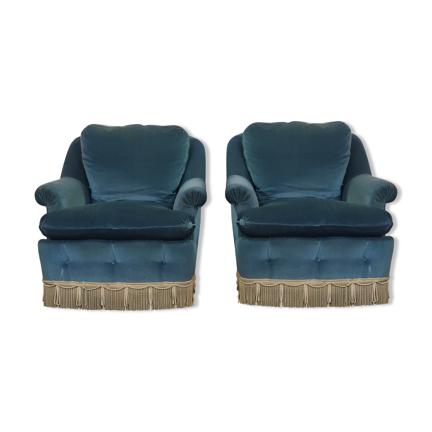 Pair of blue velvet armchairs with fringes