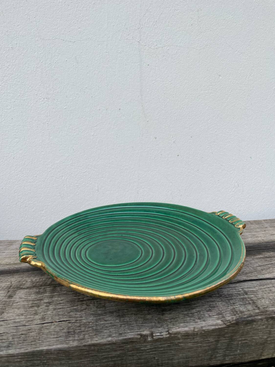 Round art deco green ceramic dish