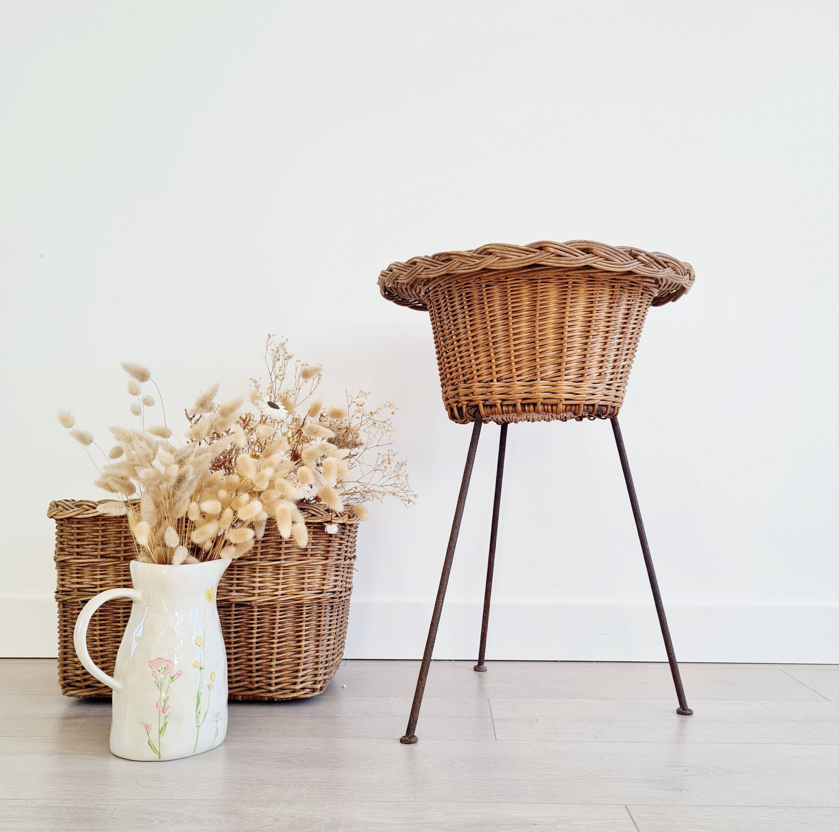 Rattan and metal tripod planter