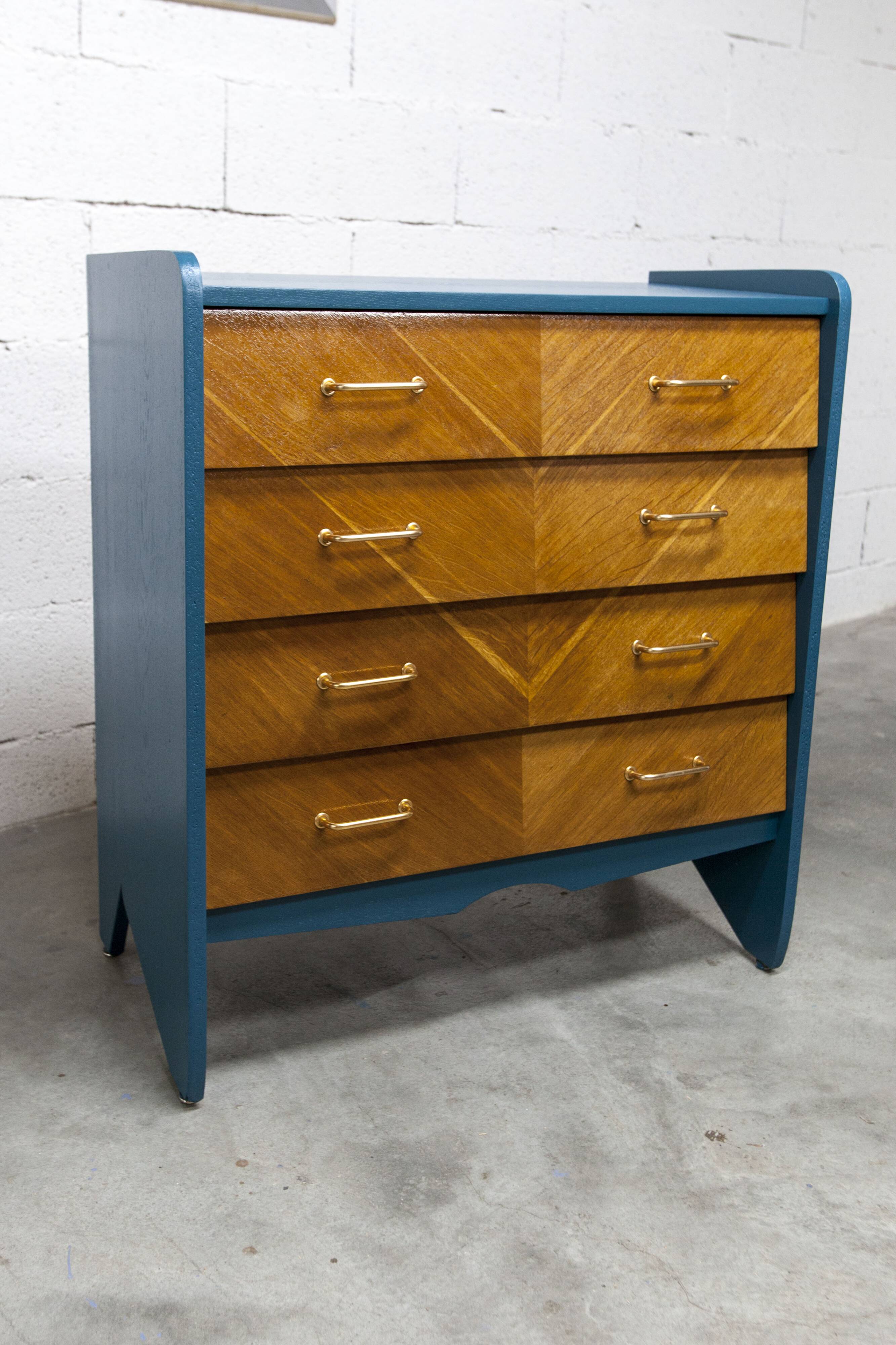 Commode scandinave 1960 atypique bleu Satiné 4 tiroirs