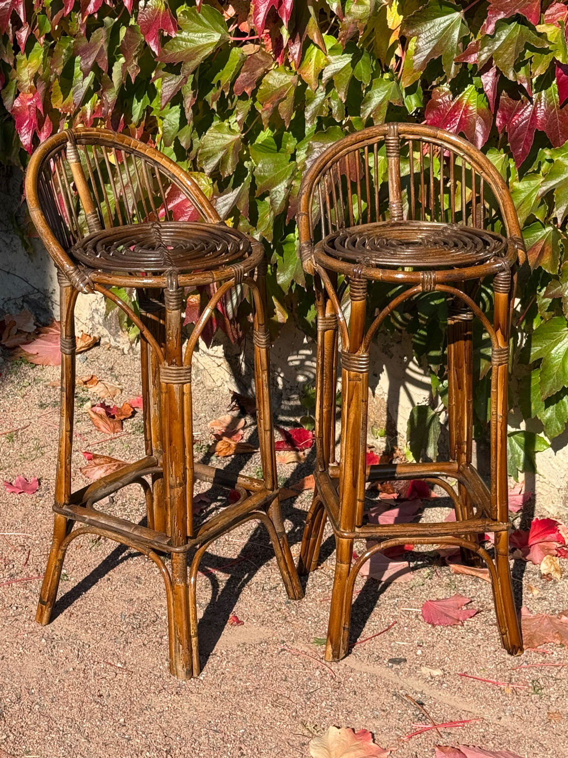 Pair of 1960s rattan stools from France.