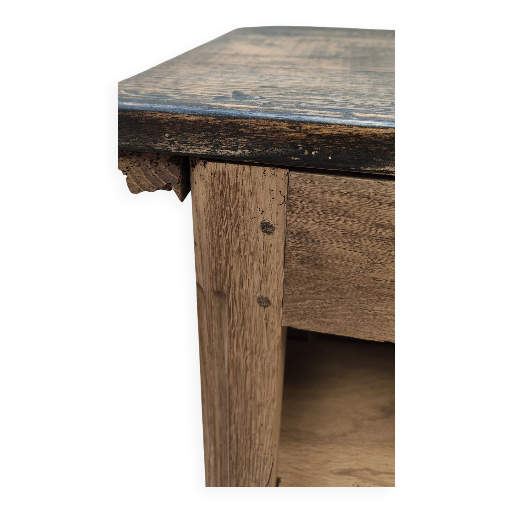 Old raw oak counter with black waxed top