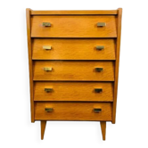 Commode chiffonnier pieds compas années 50 bois blond