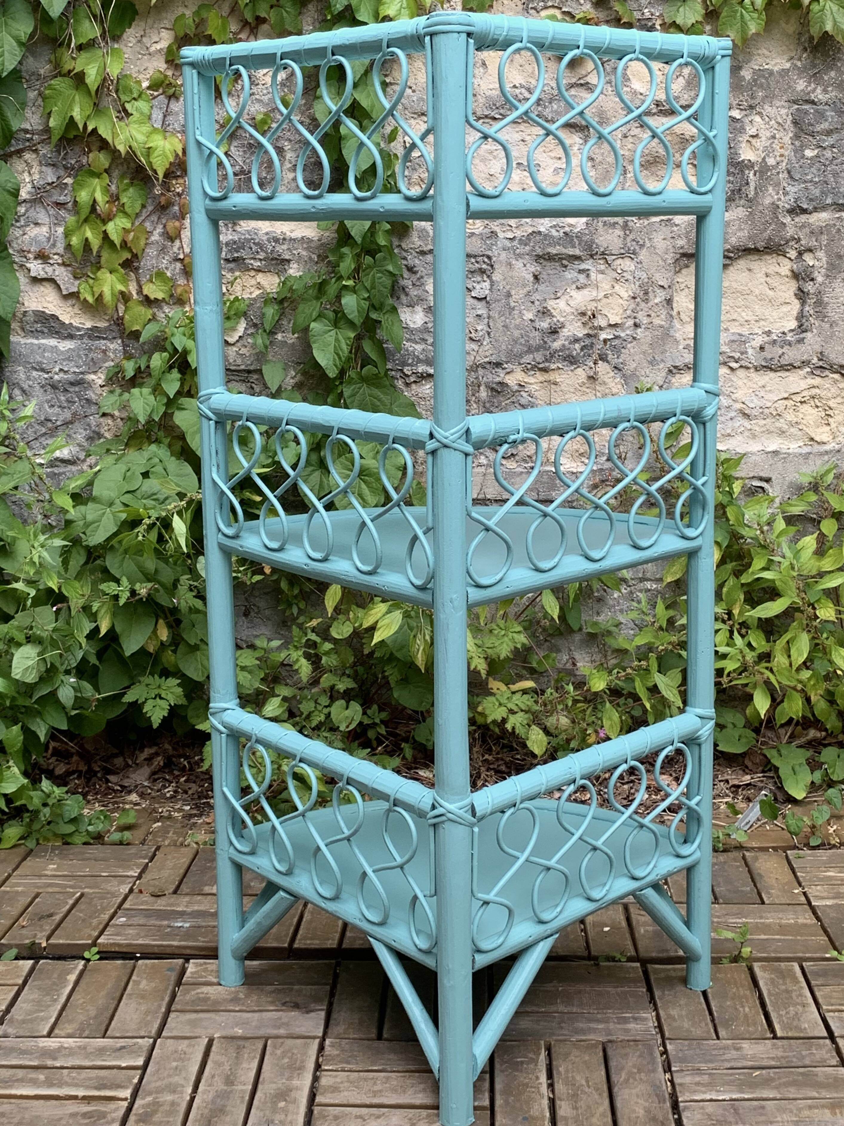 Vintage turquoise rattan corner shelf 1960