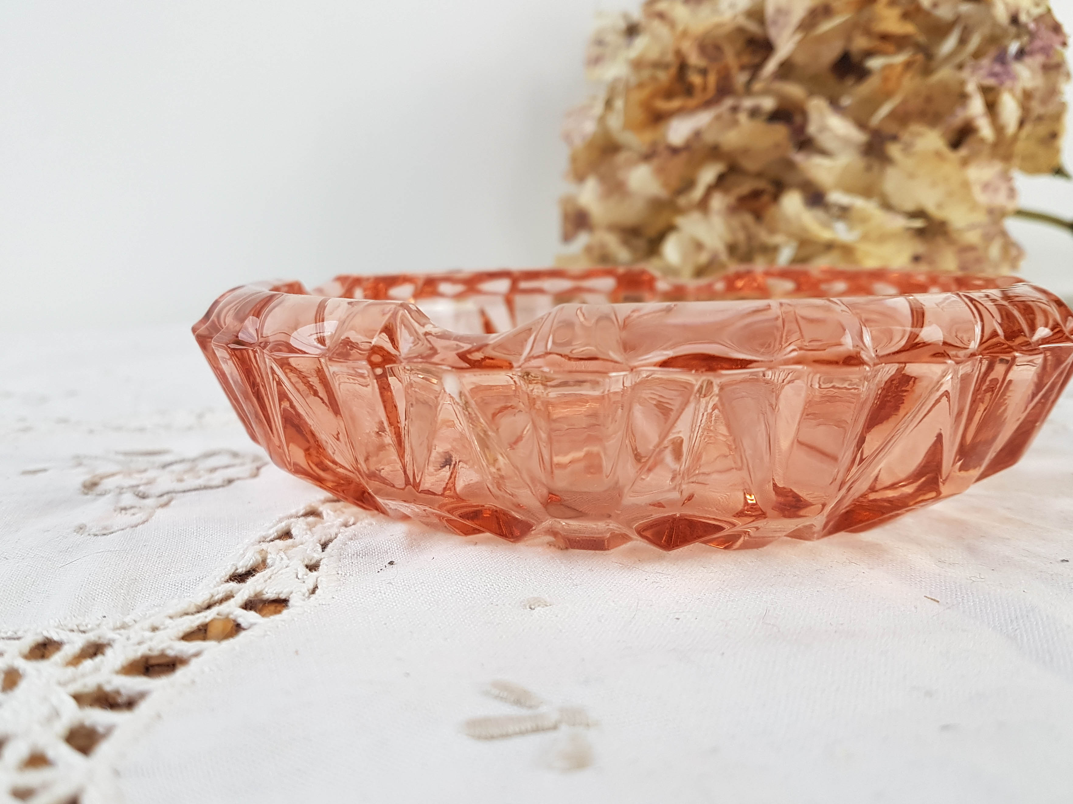 Vintage pink glass ashtray - art deco style ashtray