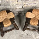 Set of 2 stools in wood and woven straw vintage 1960