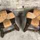 Set of 2 stools in wood and woven straw vintage 1960