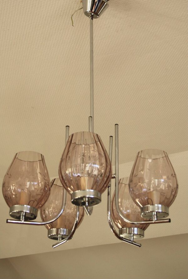 Lustre en metal chromé & verres ciselés