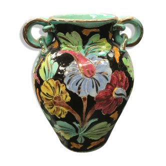 Ancien vase Monaco céramique multicolore décor fleurs vintage