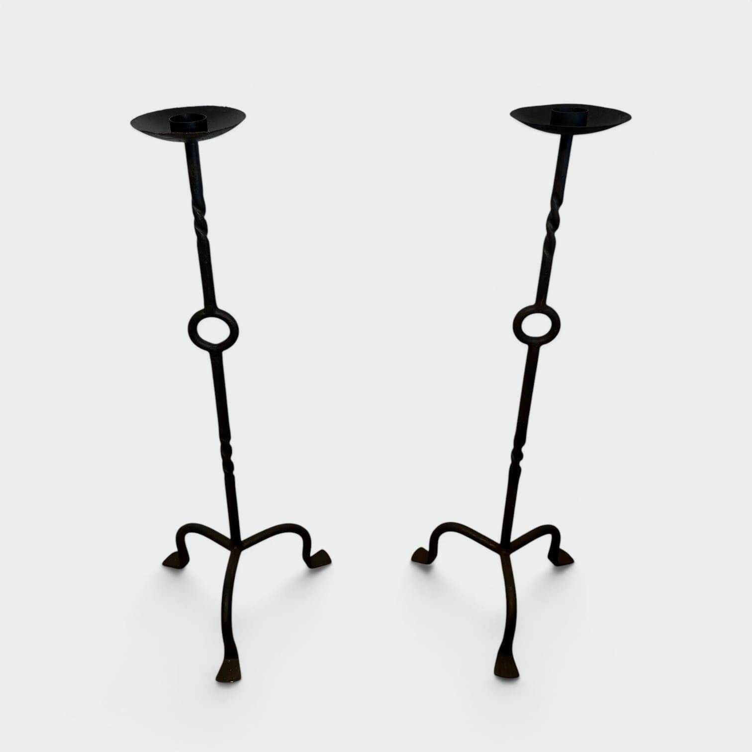 Pair of Iron Forged Candle Holders on a Stand with a Twisted Shaft and Ring. Work