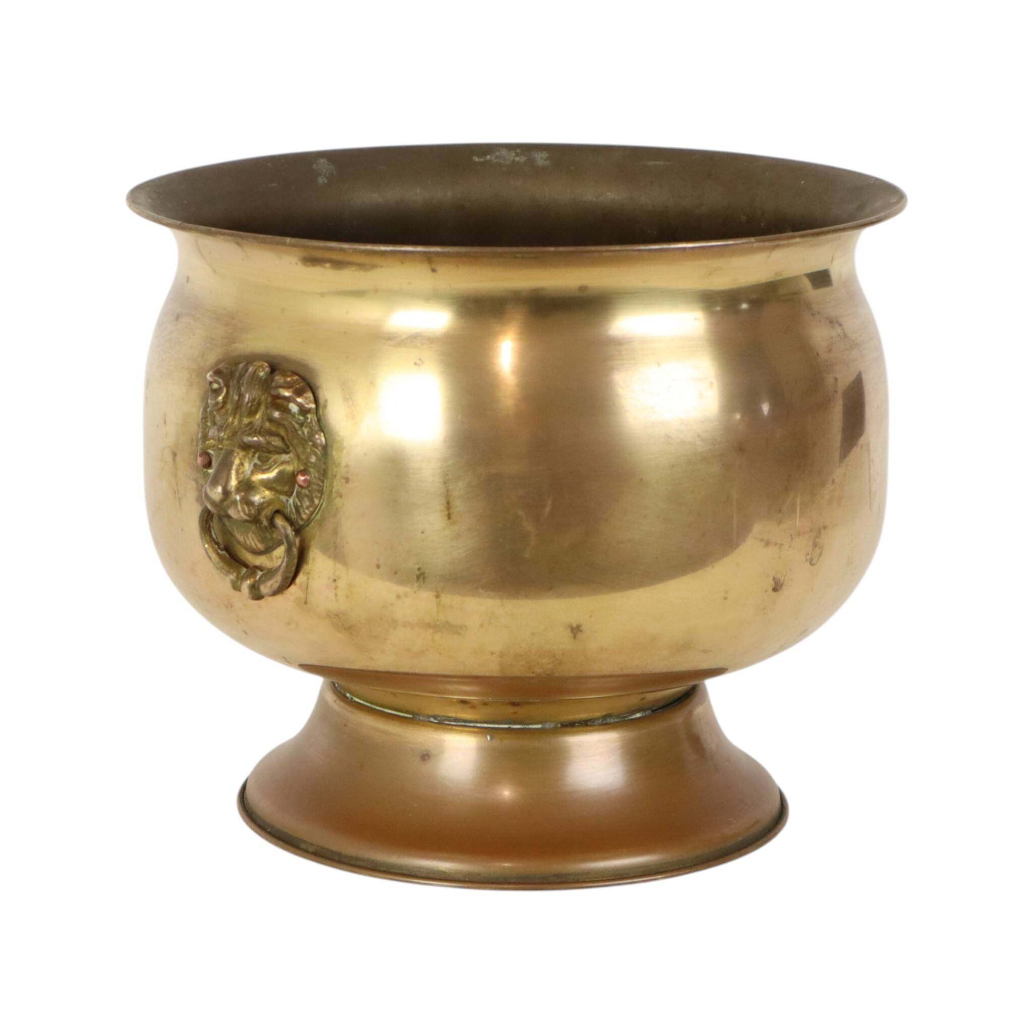 Antique Brass Jardinière Plant Pot with Lion Heads, Early 20th Century
