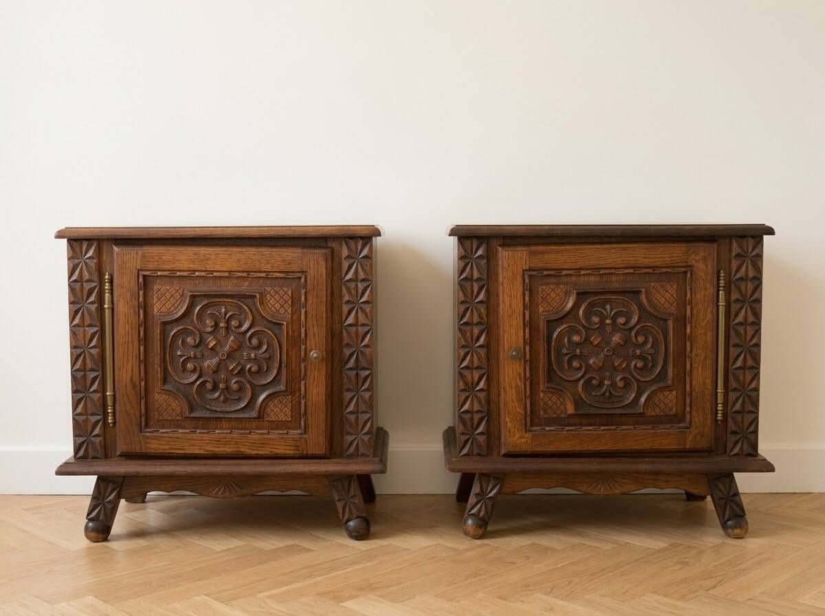 Pair of antique carved wooden bedside tables