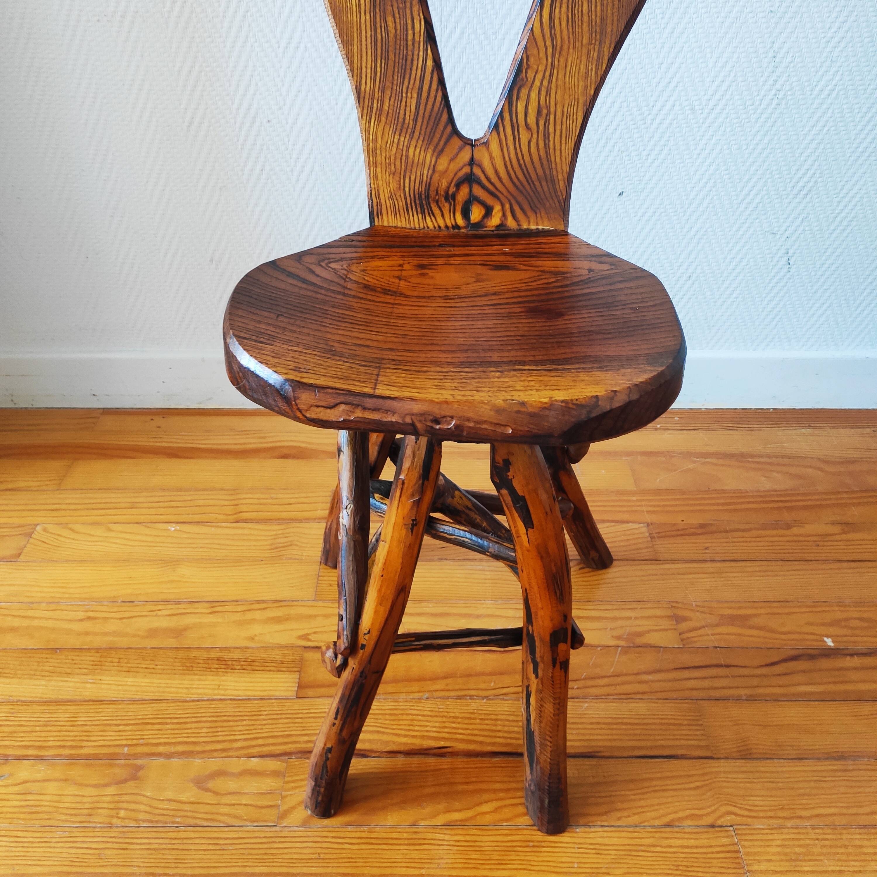 Vintage solid wood chair, popular art, brutalist style, 1950s, heart-shaped backrest.