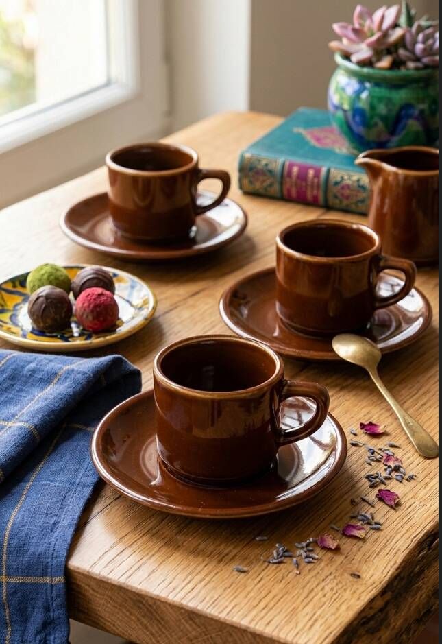 Set of 6 Bistro Cups and Saucers Porcelain Apilco Deshoulières