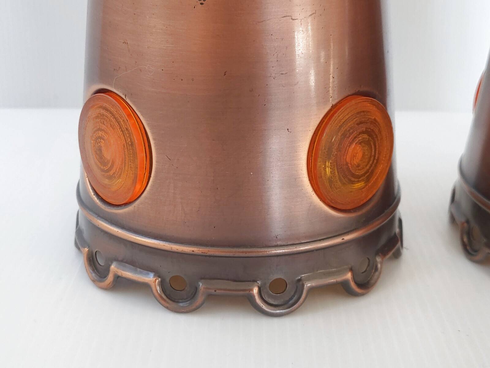 Pair of vintage 1970s brutalist suspensions in copper & orange plastic
