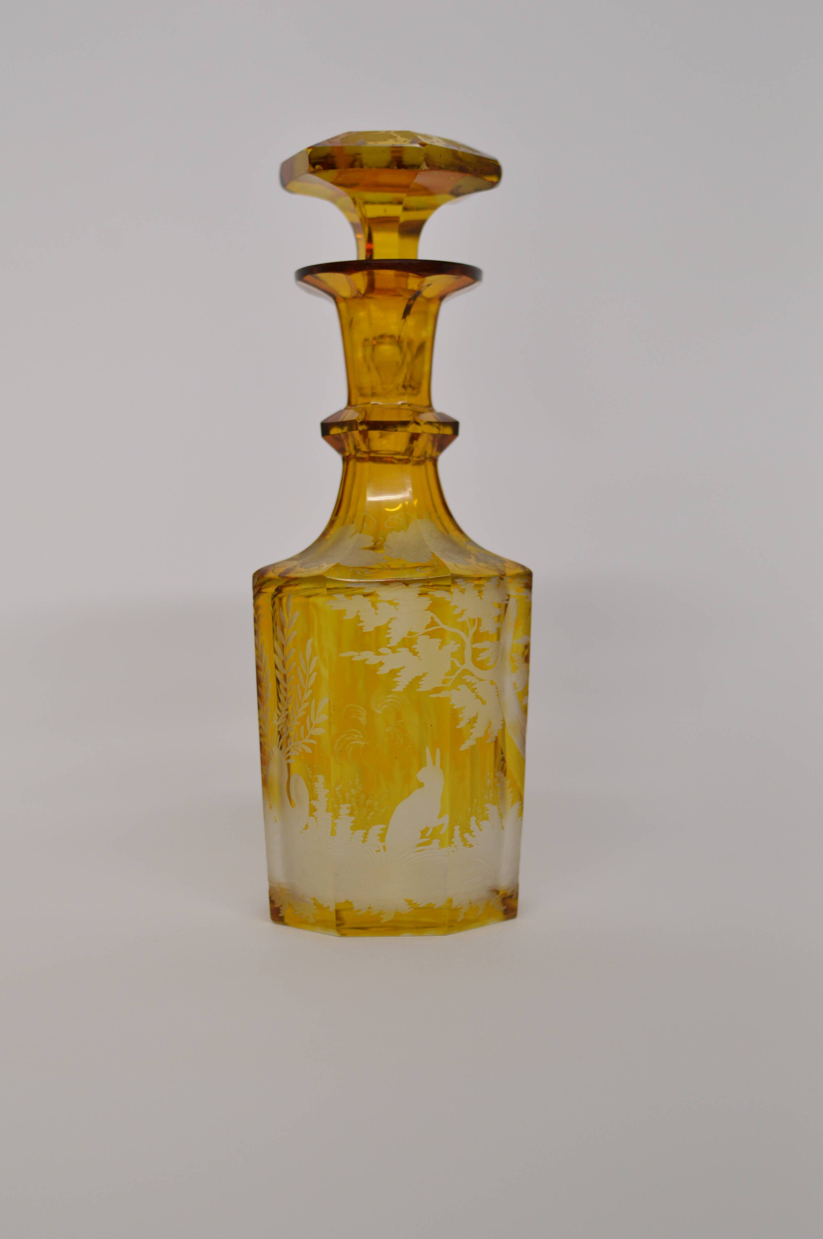Bohemian glass carafe engraved amber colour