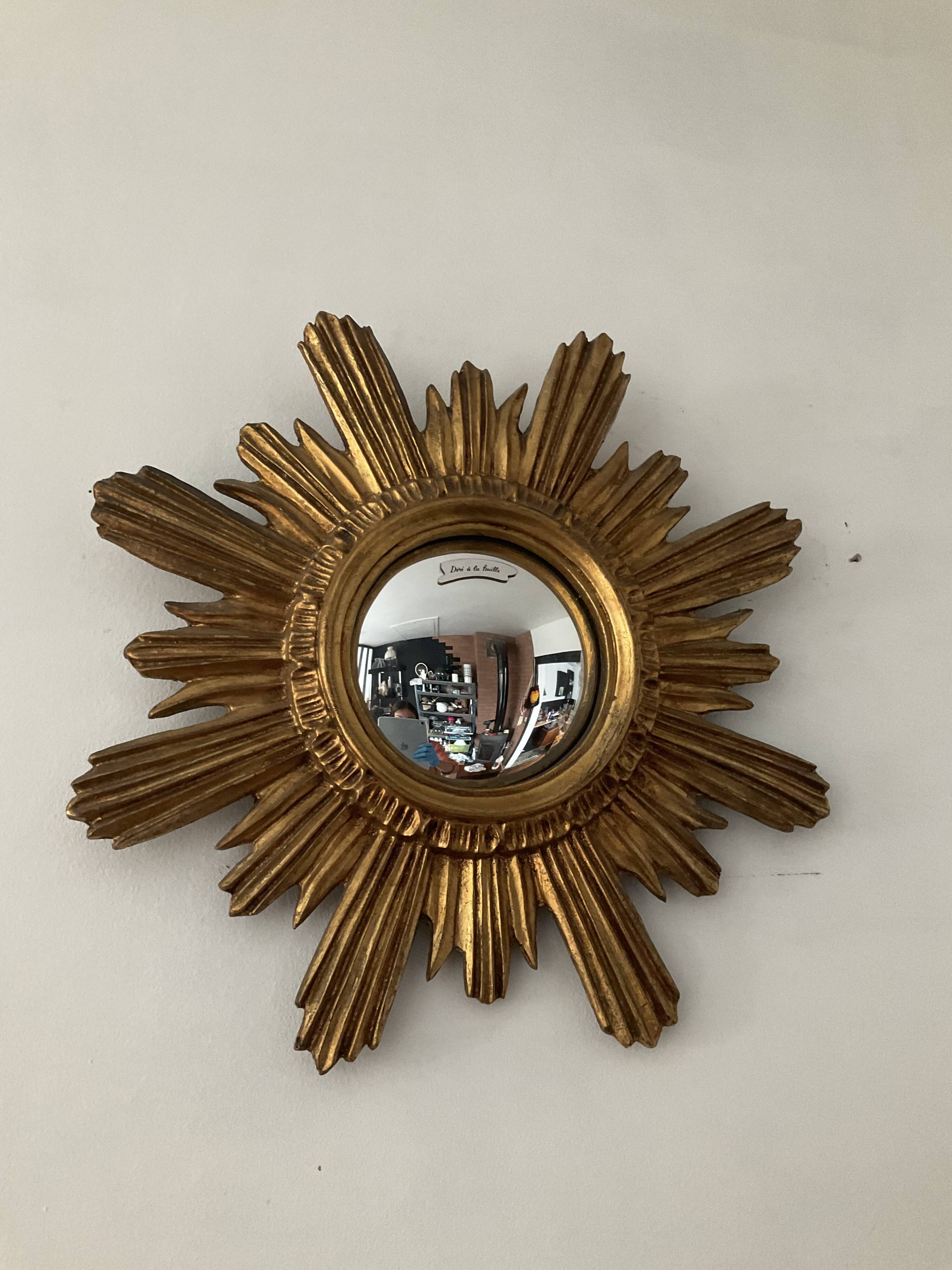 Vintage Witch Eye Mirror in Gilded Wood and Domed Glass