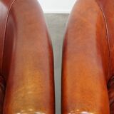 Set of 2 Cognac-Colored Cowhide Leather Club Chairs with Matching Ottoman