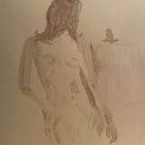 Tableau signé, aquarelle monochrome portait féminin « devant le chevalet »