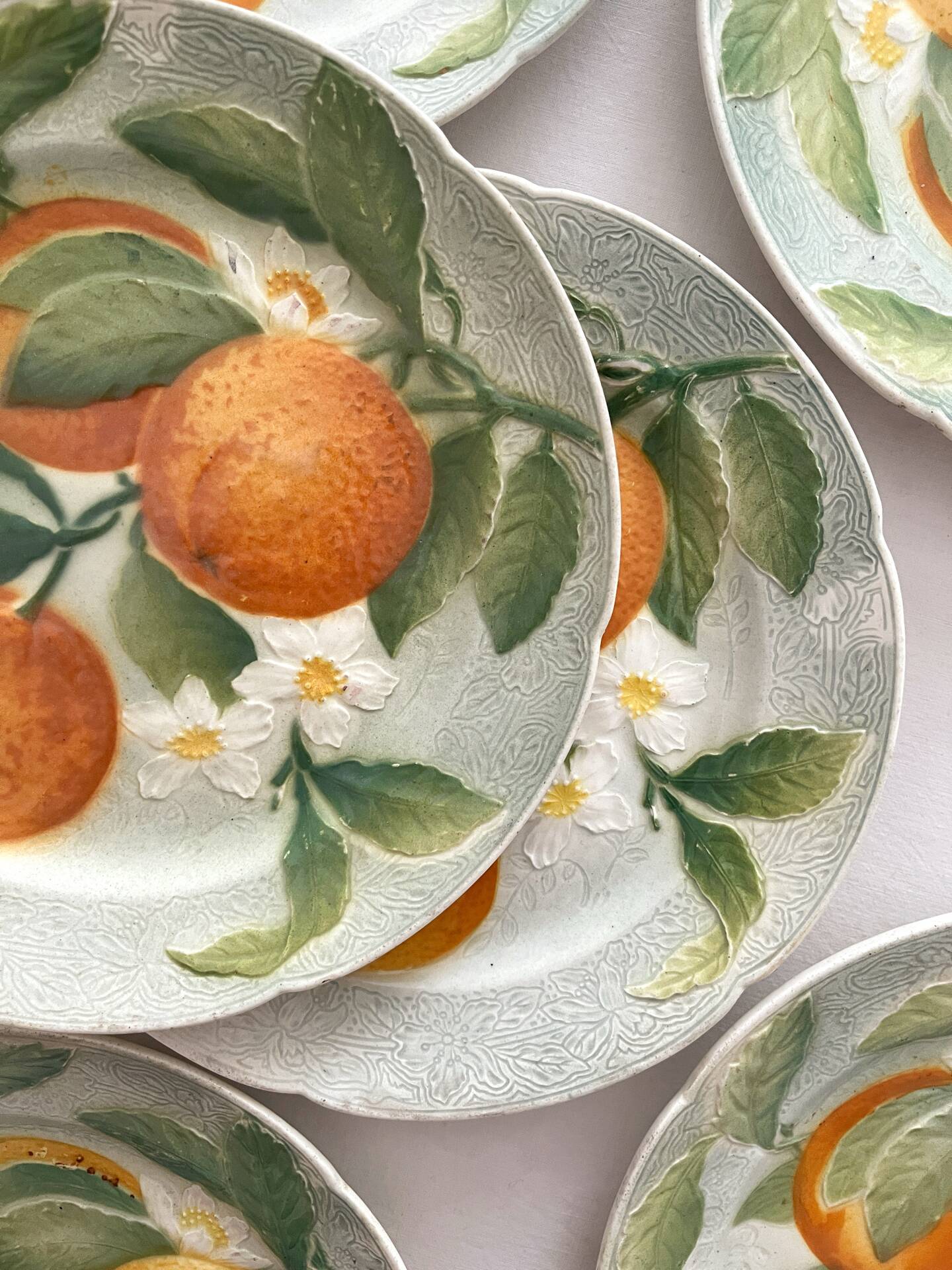 6 orange barbotine dessert plates from Saint Clément earthenware.
