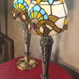 Pair of bronze and pewter lamps from 1900 to 30, glass paste lampshade 44x15