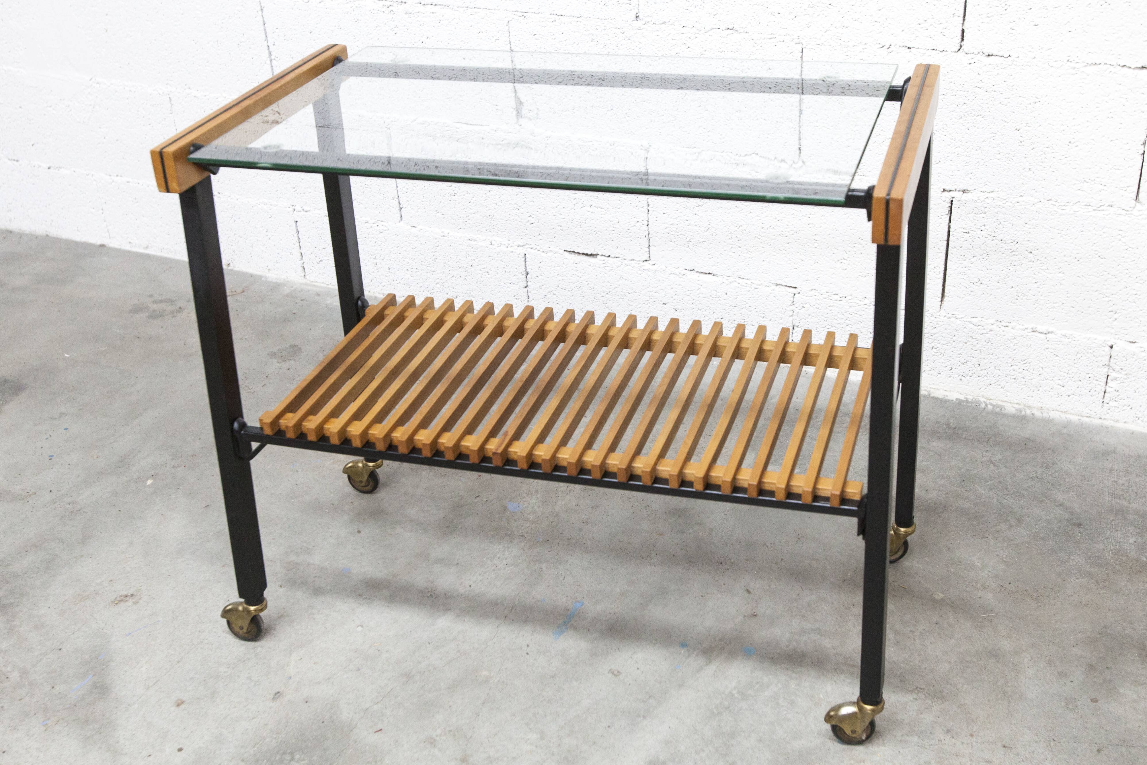 1960s serving cart, hi-fi cabinet on casters, teak, black metal, glass