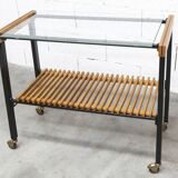 1960s serving cart, hi-fi cabinet on casters, teak, black metal, glass