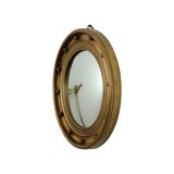 Grand miroir de majordome ancien avec cadre doré et hublot en forme d'œil de sorcière, années 1930