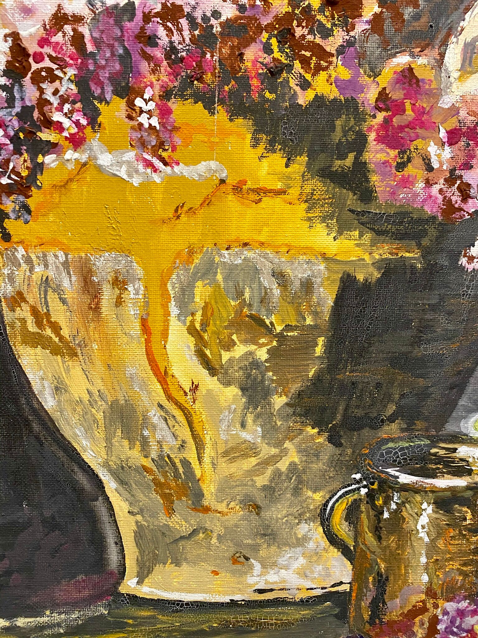 Ancient painting, still life with lilas and iris signed Bonnefond 70s