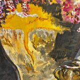 Ancient painting, still life with lilas and iris signed Bonnefond 70s