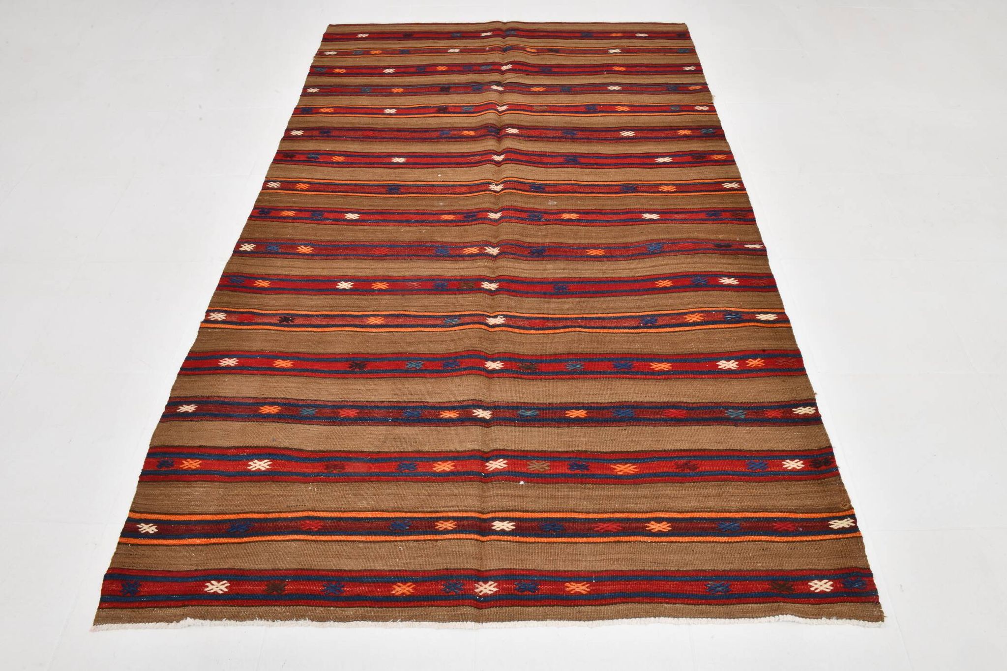 Turkish Striped Red Brown Vintage Kilim Rug, 154x246Cm