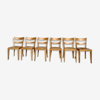 Serie de 6 chaises bistrot vintage en bois clair estampillee 1959