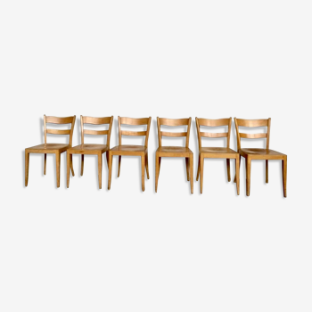 Series of 6 vintage bistro chairs in light wood stamp 1959