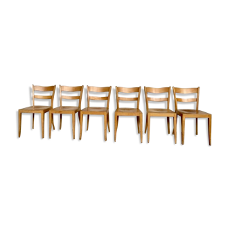 Serie de 6 chaises bistrot vintage en bois clair estampillee 1959