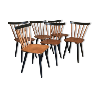 Set de 6 chaises vintage 1960’s à barreaux et pieds compas