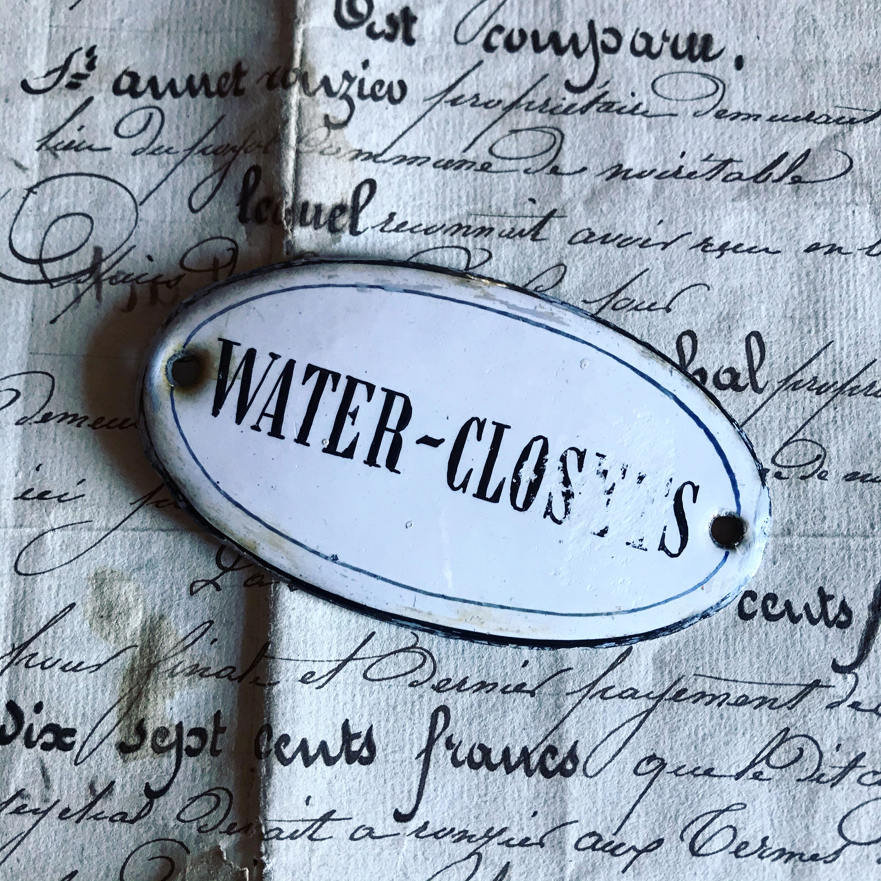 "water closets" bulging enamel plate. old door plate. around 1910/1920