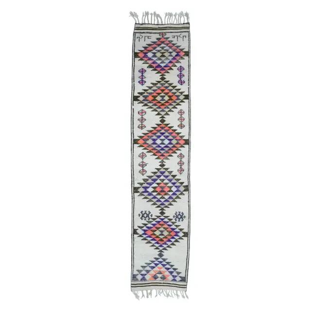 1970s Natural White Geometric Turkish Hand-Knotted Runner 80x365