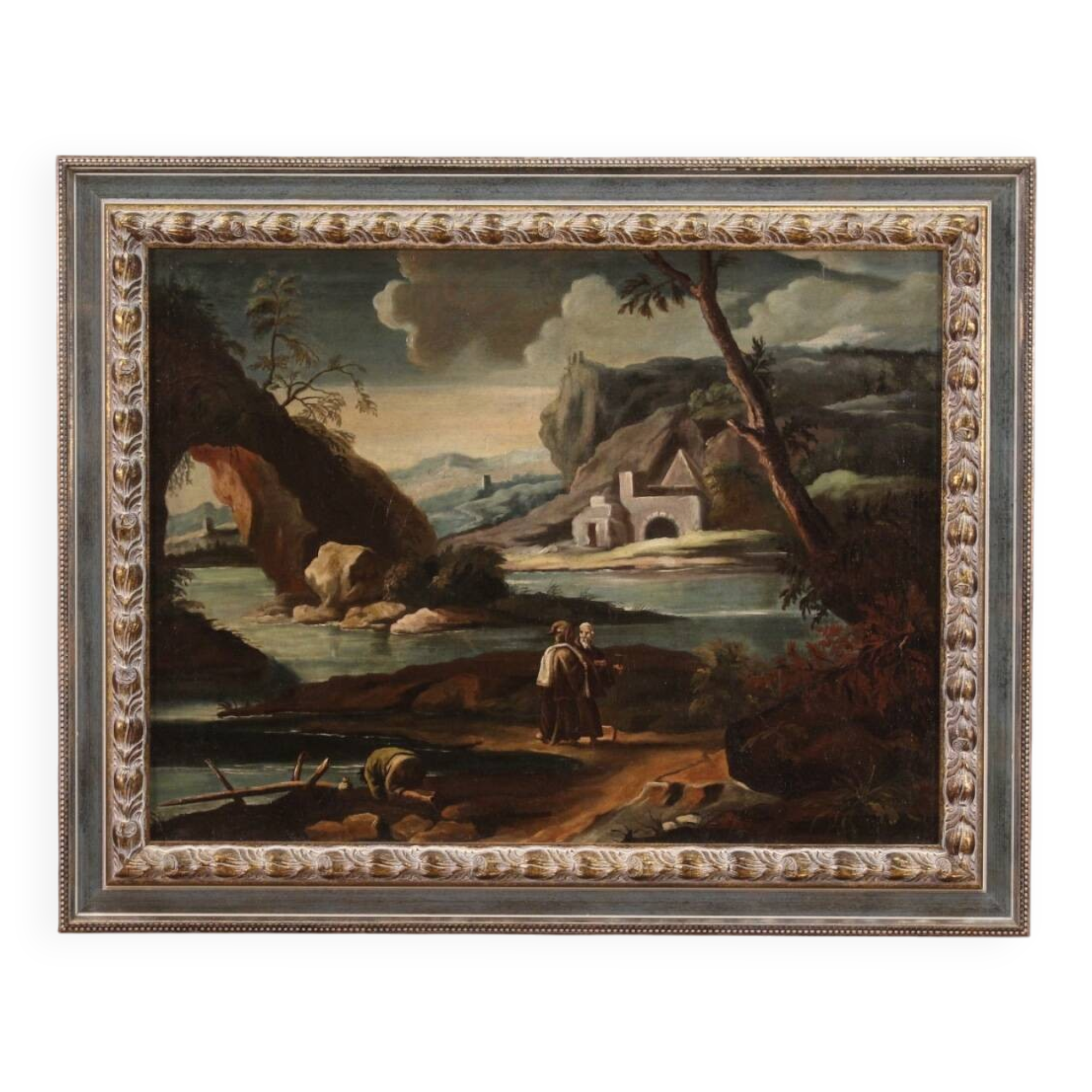 Antique painting landscape with characters from 18th century