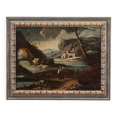 Antique painting landscape with characters from 18th century