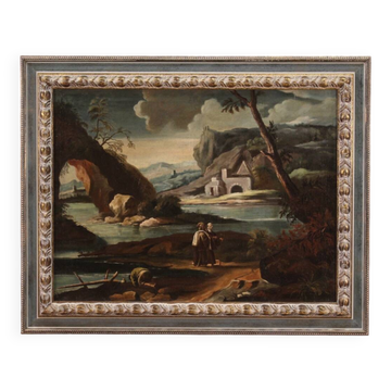 Peinture antique de paysage avec des personnages du XVIIIe siècle