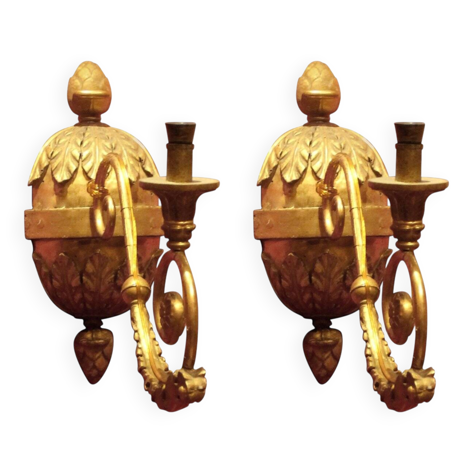 Italian Baroque Hand-Carved Giltwood Sconces with Gilt Bronze Arm, Set of 2